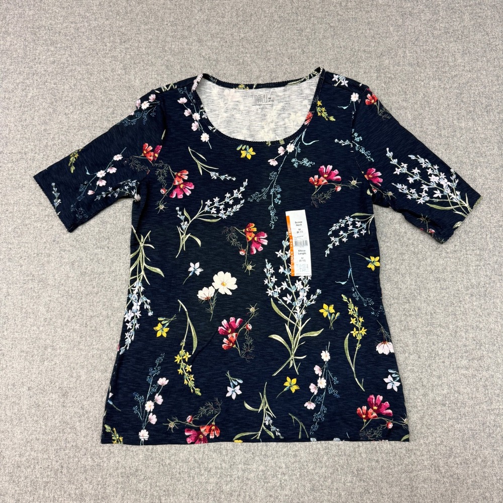 Time and Tru Floral Scoop Neck Tee Size M Navy Blue Elbow Sleeve Stretch T-Shirt